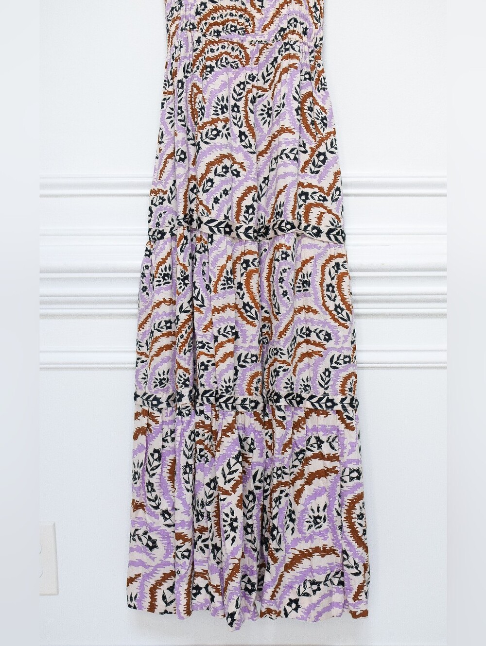 NWT Omika Monroe Maxi Dress Floral Tiered Tie Back Lilac Brown Sz M Euro Summer - Picture 6 of 13